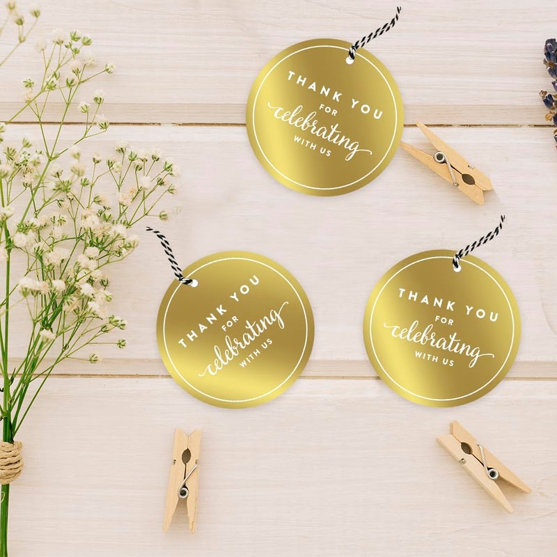 Andaz Press Round Circle Favor Gift Tags, Metallic Gold Ink, Thank You for Celebrating with US, 24-Pack, for Baby Bridal Shower, Wedding Decor - Image 3